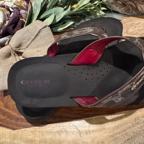 Coach Brown and Red Sandals with Contoured Footbed - Picture 3 of 8